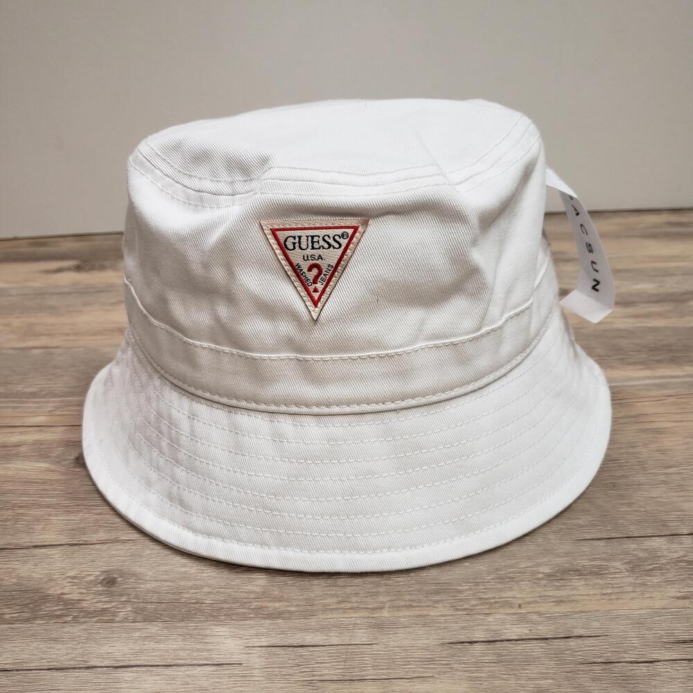 Guess Bucket Hat Cap Mens One Size White Cotton Twill Embroidered USA Logo